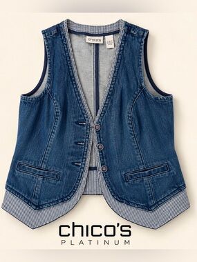 Chico’s Platinum Denim Vest Women’s Size 0 Cotton Spandex Button Up RN 79984
